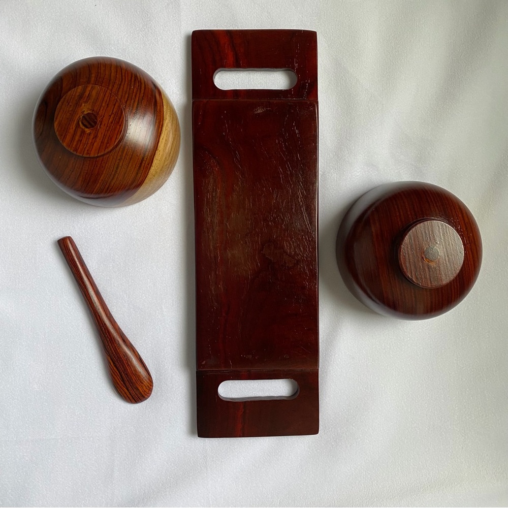 Vintage Wooden Double Bowl Set with Spoon - Rich Brown and Natural Wood Trim - Picture 7 of 12